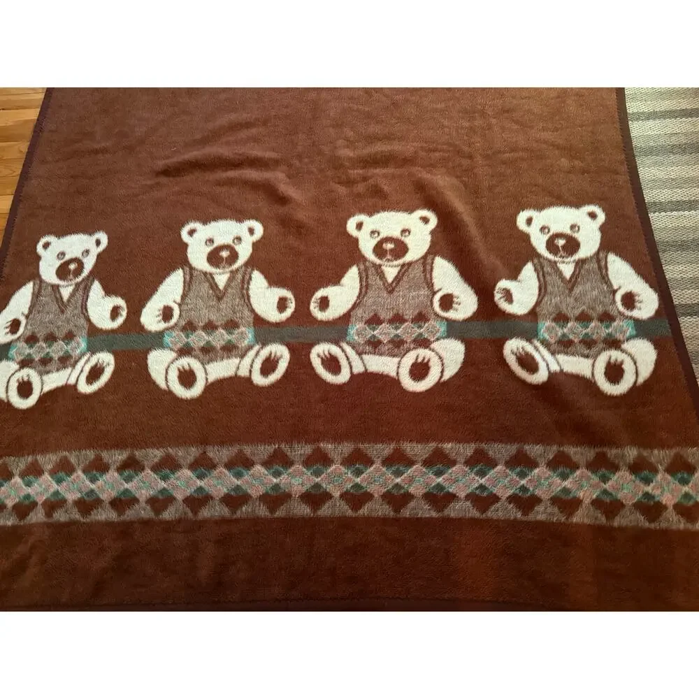 VTG VUTEKS VUKOVAR Crown Crafts Teddy Bears Argyle Acrylic Blanket 60 x 80